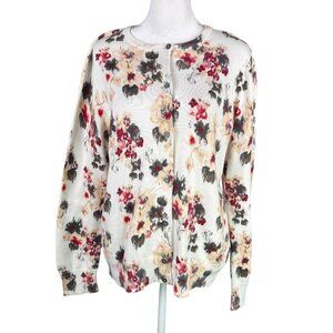 Lands End LP Button Up Cardigan 100% Supima Cotton Green Pink Floral Long Sleeve